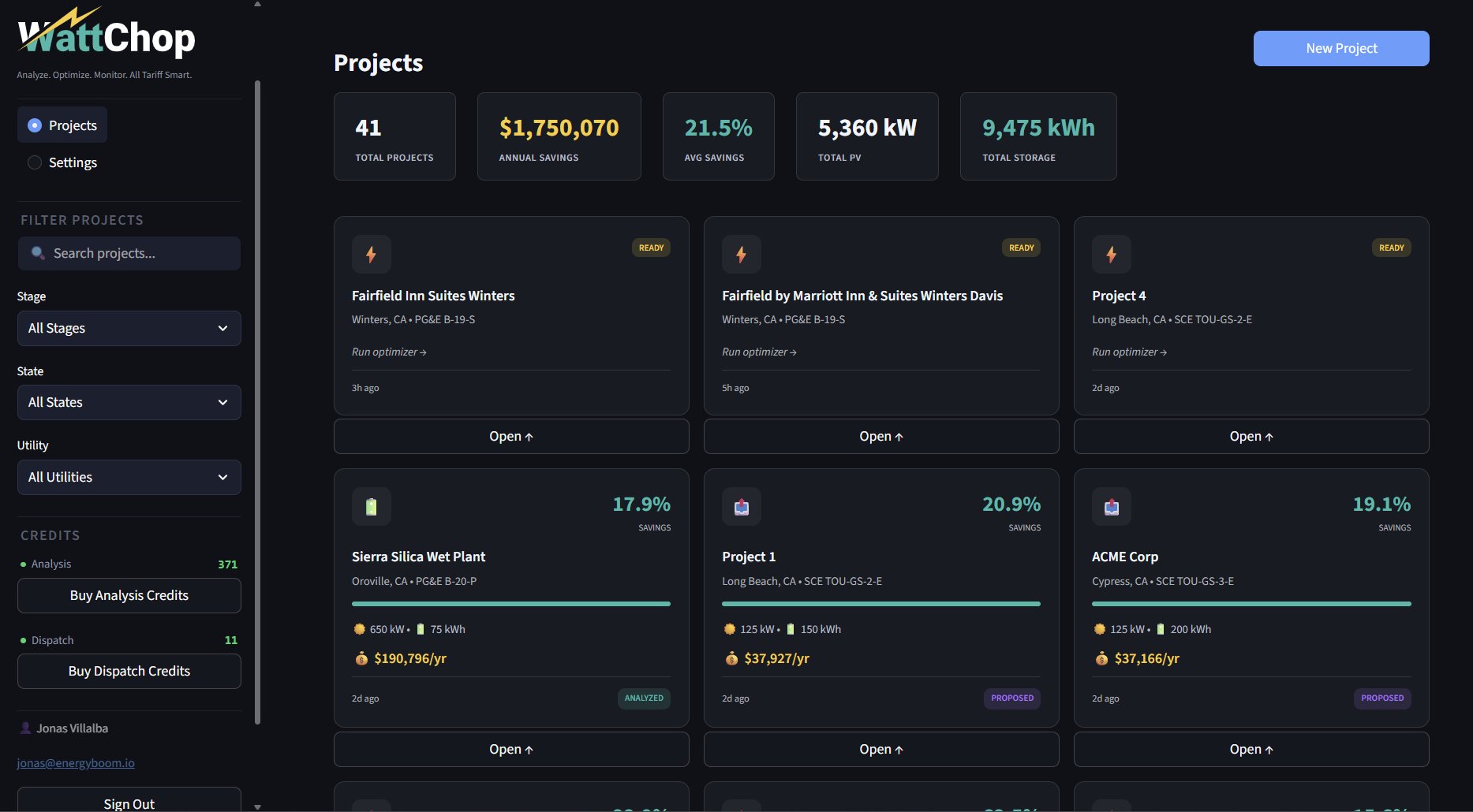 Projects dashboard with portfolio summary