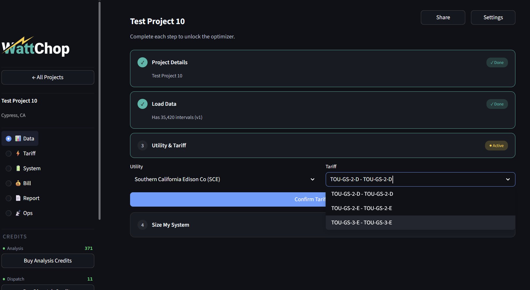 Tariff selection with utility and rate schedule