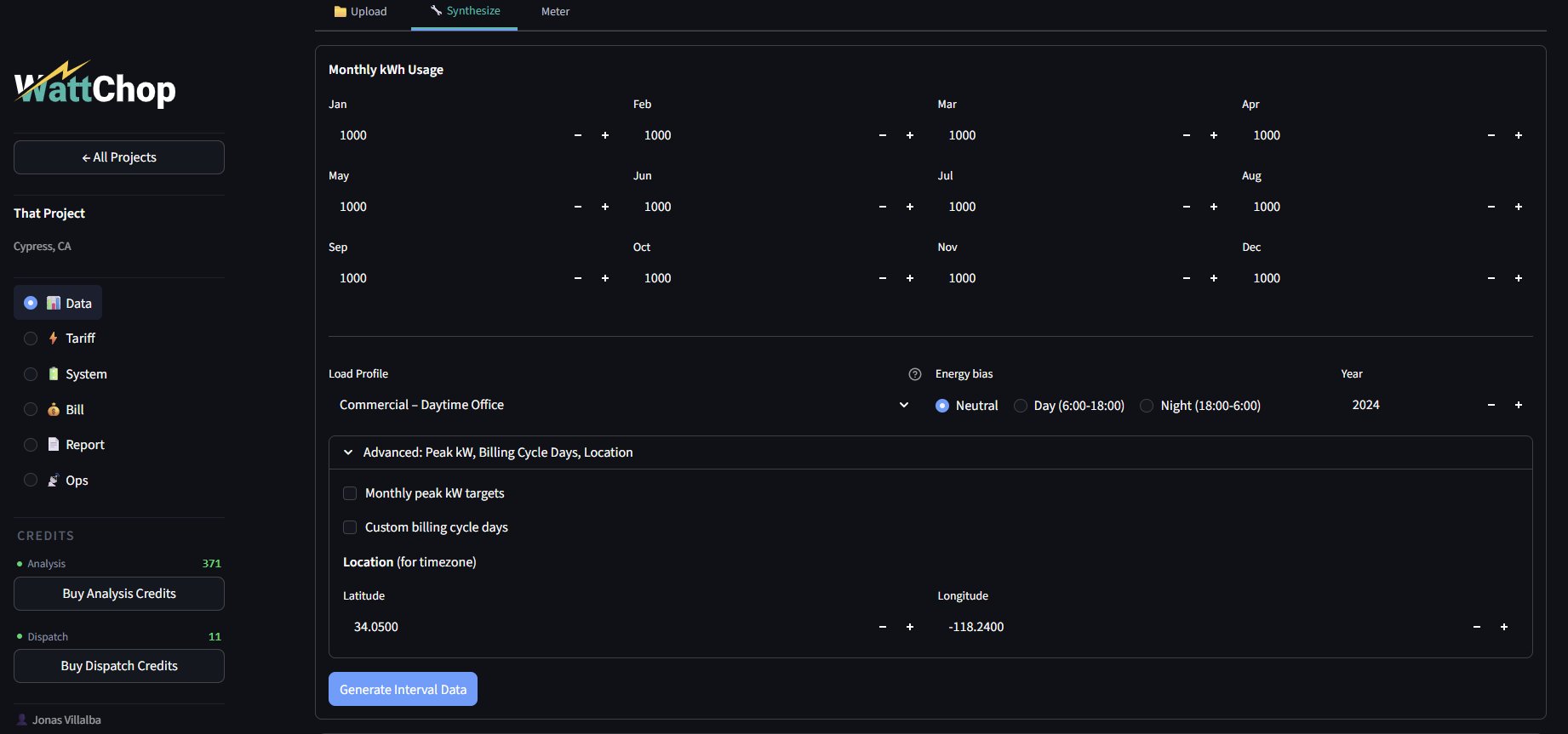 Synthesizer input form with monthly kWh
