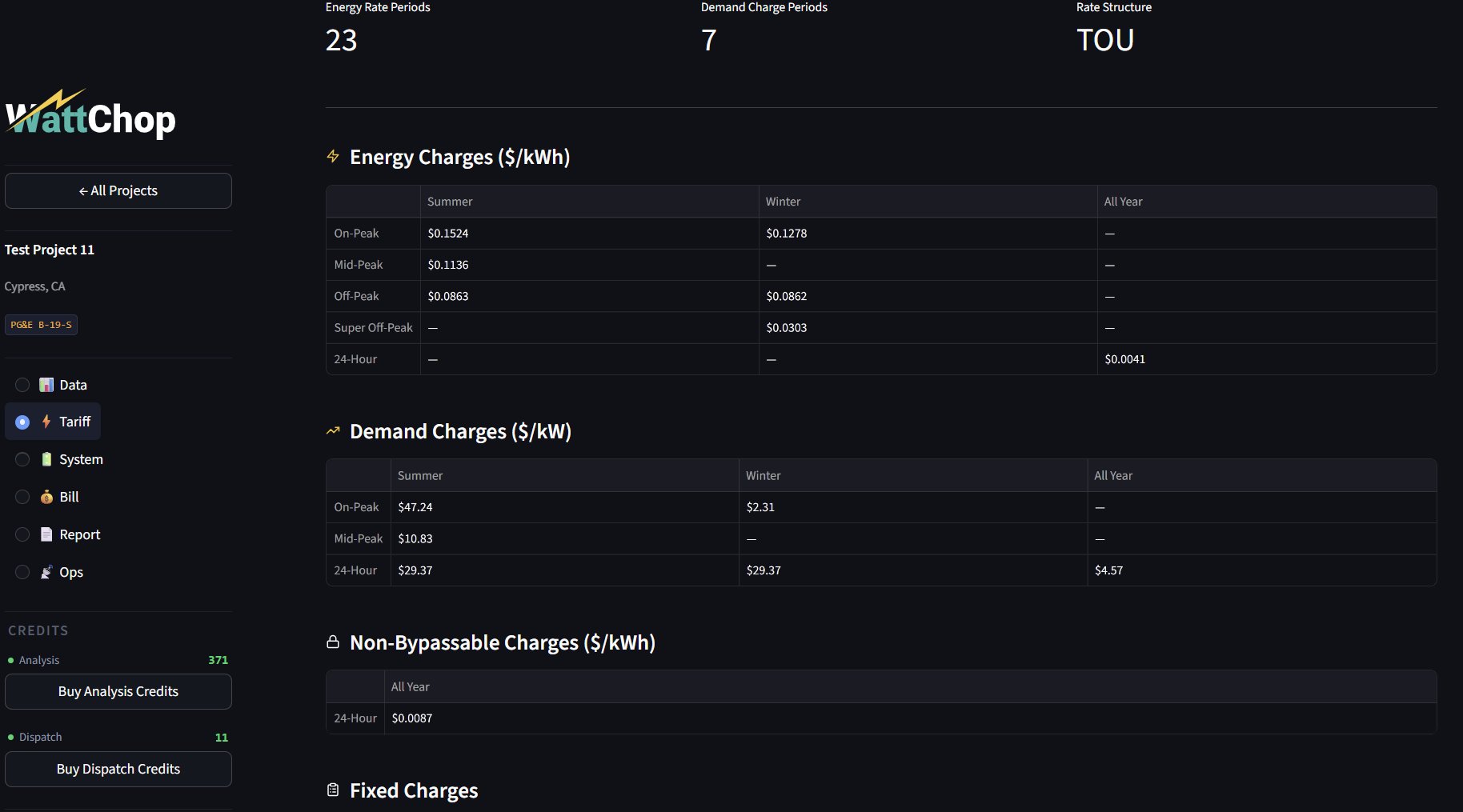 Tariff tab showing rate structure